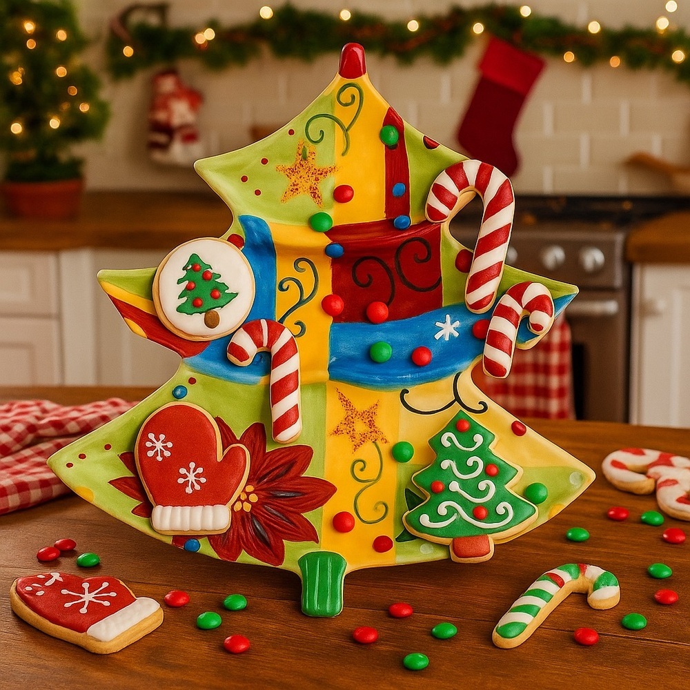 Corsica Holiday Quilt Ceramic Christmas Tree Divided Dish Platter NEW